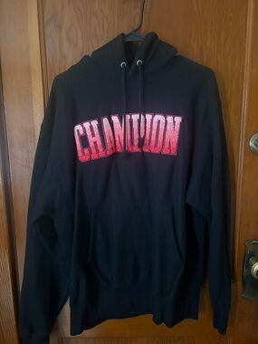 Champion Black Hoodie with Red Ombre Logo